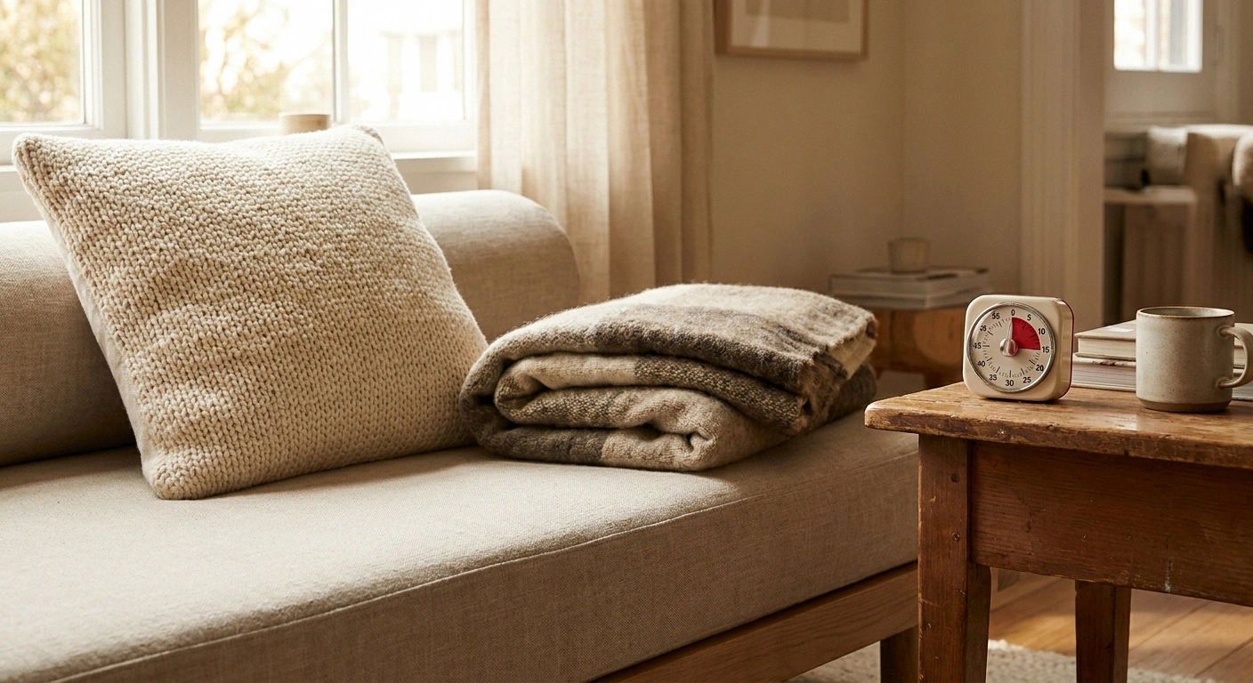 Soft pillow and blanket on a sofa with a 15-minute timer set for a brief restorative rest