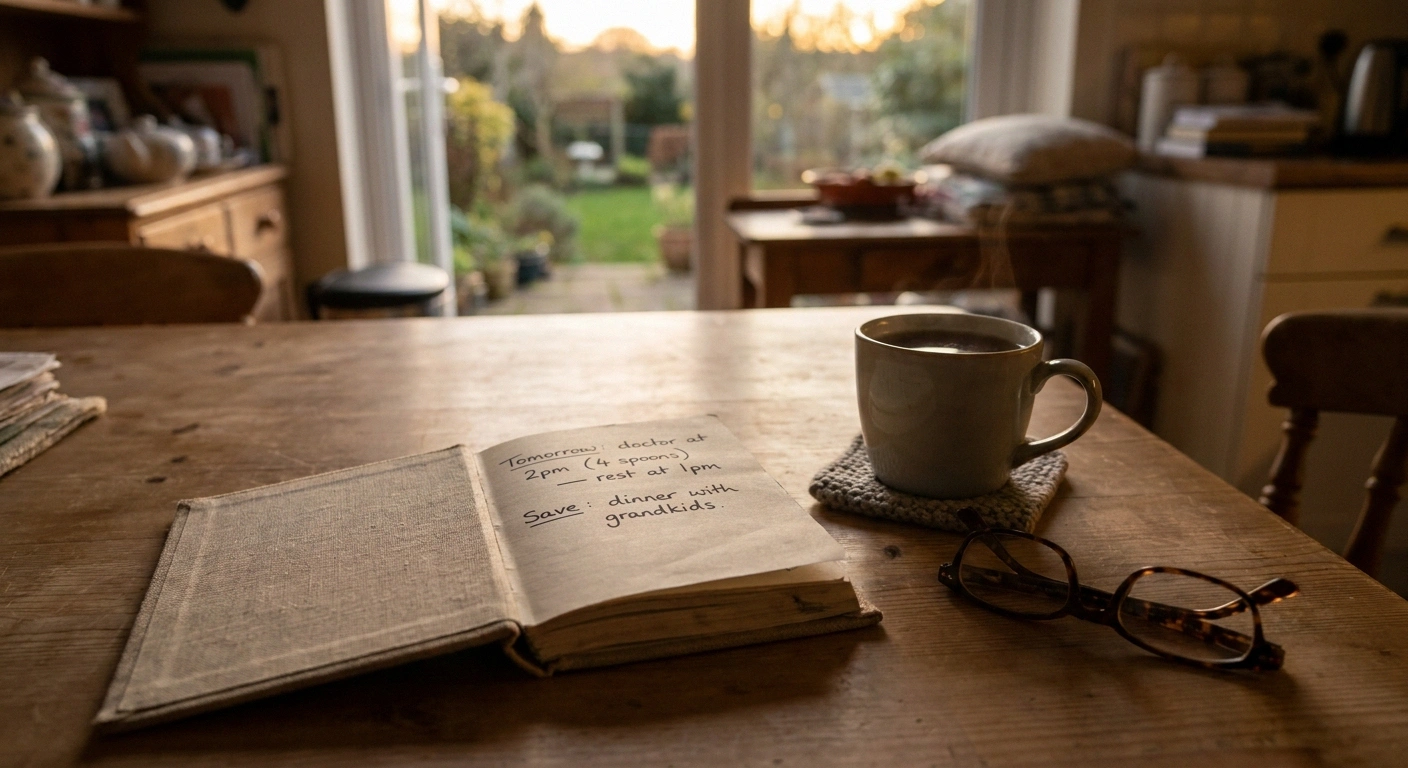 Notebook with the next day's spoon-budget plan and scheduled rest periods on a kitchen table