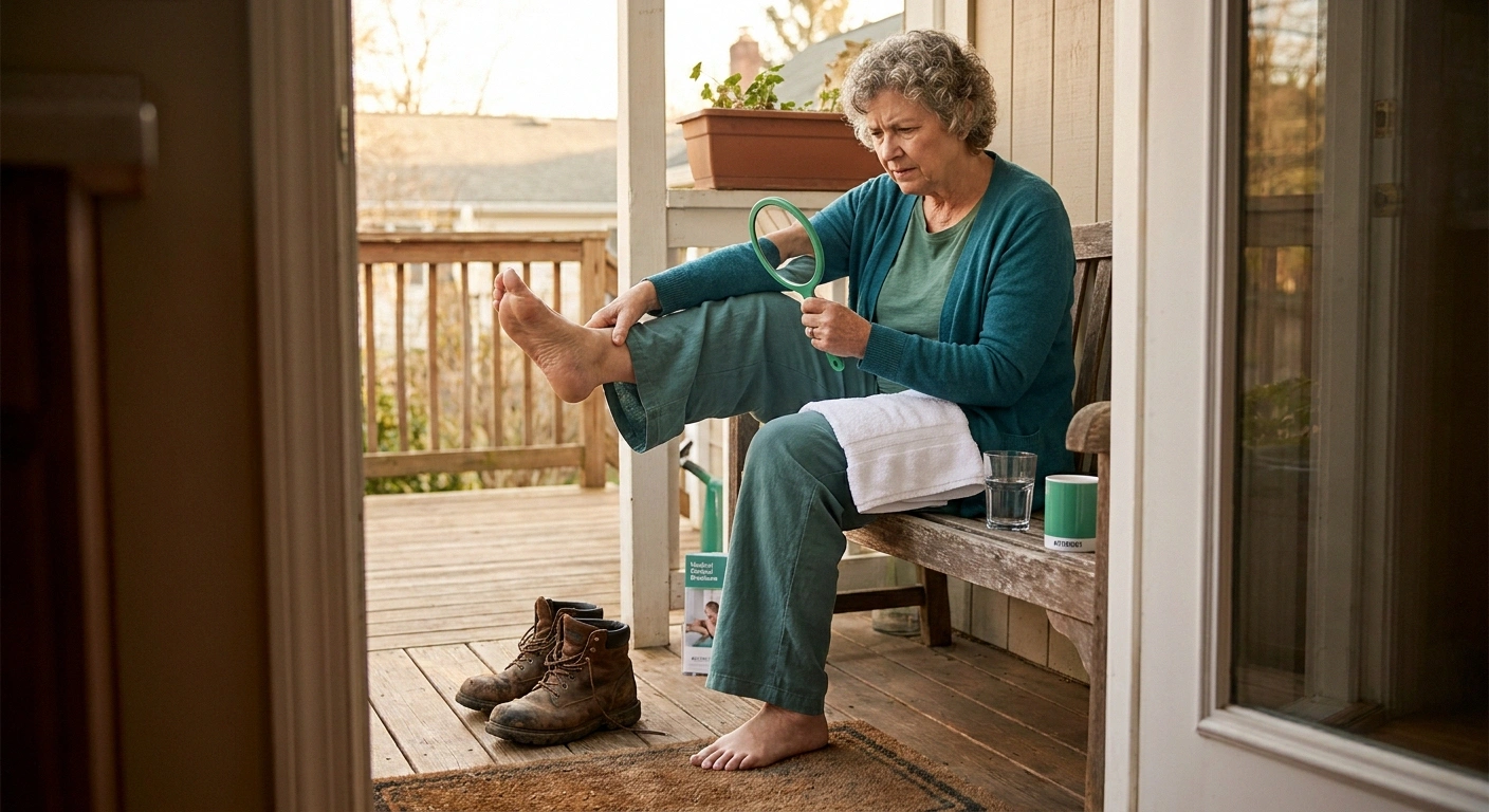 Older woman performing a careful post-mow foot inspection with a handheld mirror to check the soles for cuts she could not feel during yard work