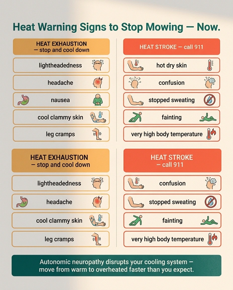 Heat warning signs infographic for mowing with neuropathy showing heat exhaustion symptoms vs heat stroke emergency symptoms requiring 911