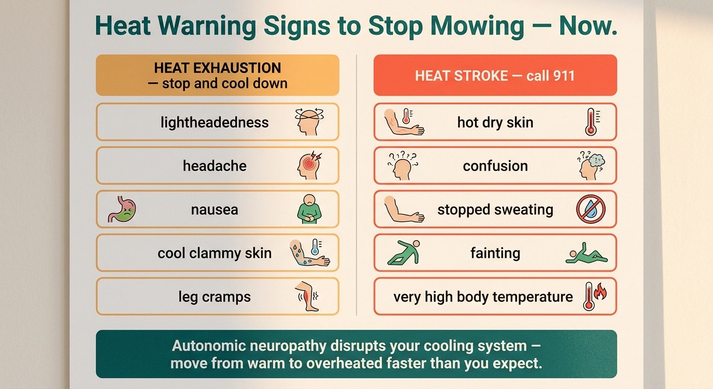 Heat warning signs infographic for mowing with neuropathy showing heat exhaustion symptoms vs heat stroke emergency symptoms requiring 911
