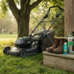 Battery-electric walking mower beside a porch with work boots, water bottle, sunscreen, and safety gear arrayed in early morning light, ready for safe mowing with neuropathy