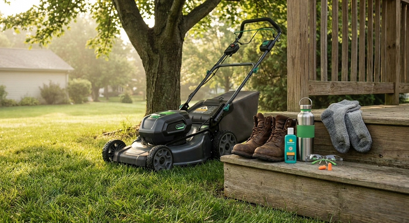 Battery-electric walking mower beside a porch with work boots, water bottle, sunscreen, and safety gear arrayed in early morning light, ready for safe mowing with neuropathy