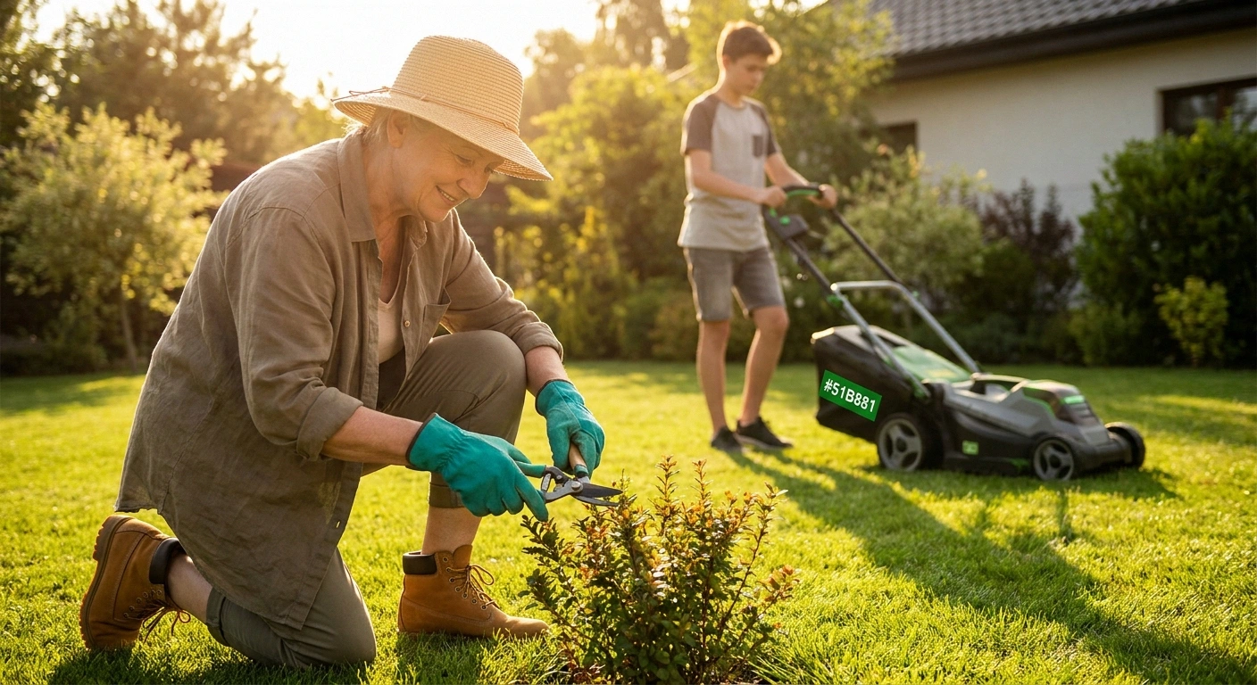 Older woman tending a flower bed in the foreground while a teenage neighbor handles the lawn mowing in the background, a sustainable shared arrangement