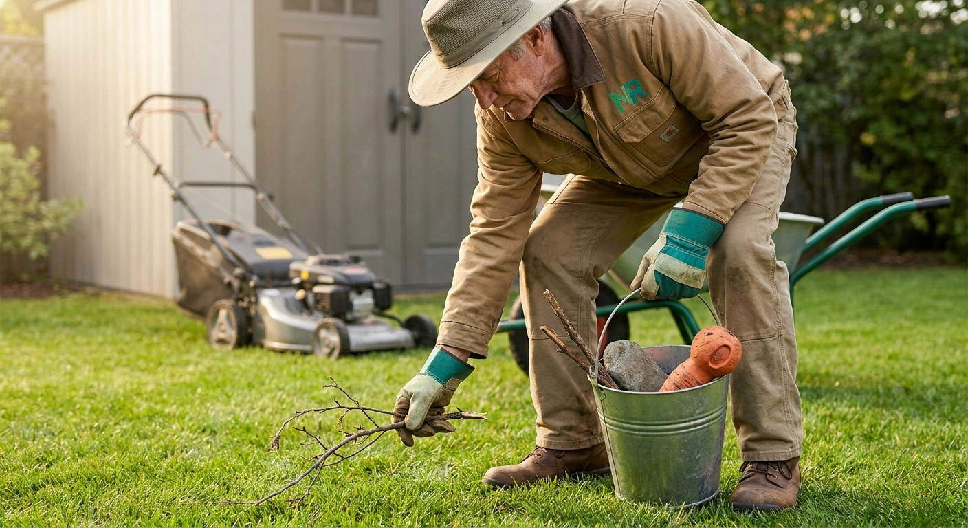 Older adult man slowly walking the lawn before mowing, picking up sticks and small objects into a bucket to clear debris from the mowing path