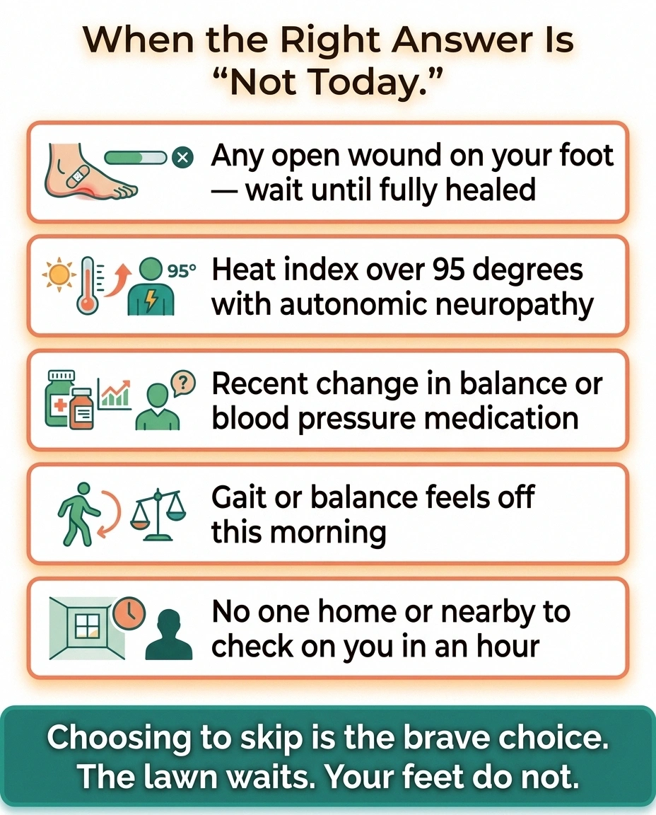 Five-signal infographic showing when to skip mowing with neuropathy including open wounds, high heat index, medication changes, balance issues, and being alone