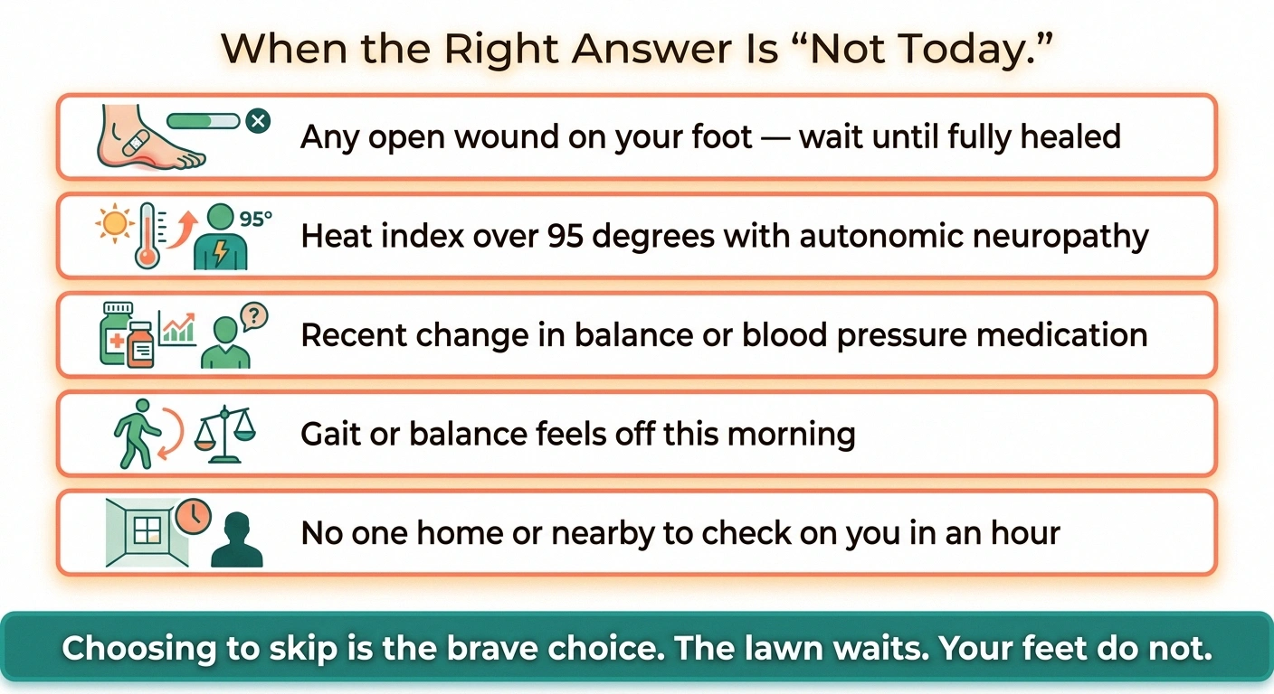Five-signal infographic showing when to skip mowing with neuropathy including open wounds, high heat index, medication changes, balance issues, and being alone