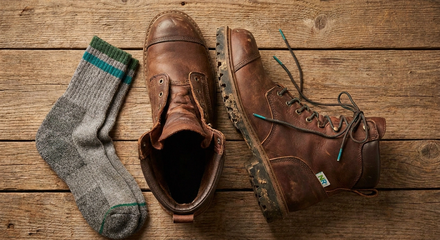 Pair of brown leather steel-toe lace-up work boots with aggressive sole tread and high ankle support, the right footwear for mowing with neuropathy