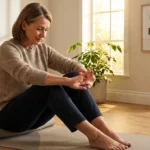 Older woman sitting on a yoga mat in warm morning light doing focused hand-stretching exercises to preserve muscle strength against neuropathy.