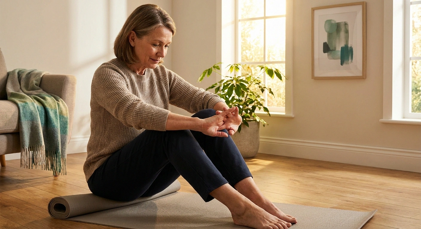 Older woman sitting on a yoga mat in warm morning light doing focused hand-stretching exercises to preserve muscle strength against neuropathy.