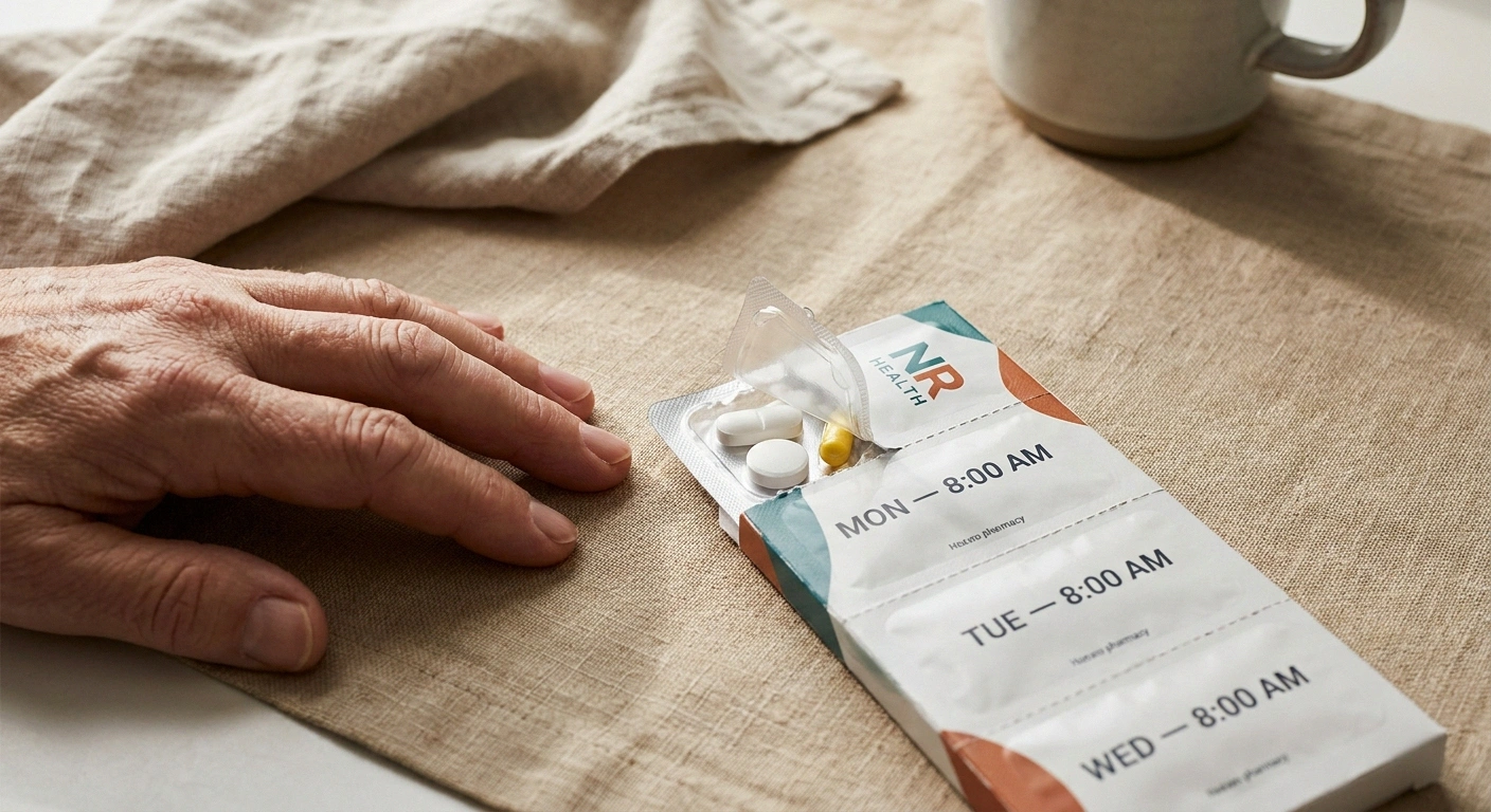 Pharmacy adherence blister-pack strip with day-and-time labeled packets — one packet torn open showing pills for that dose