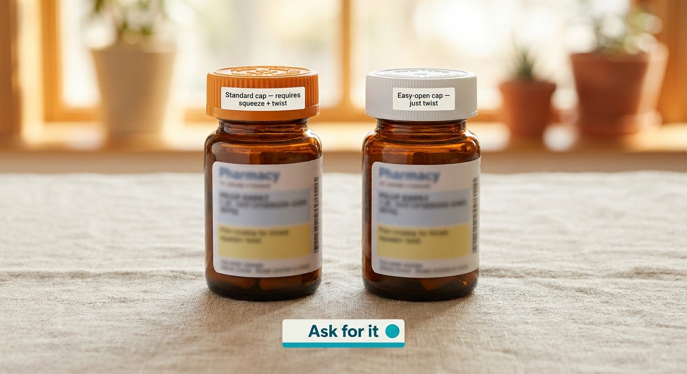 Side-by-side comparison of a child-resistant prescription cap and a flat easy-open cap on identical amber bottles