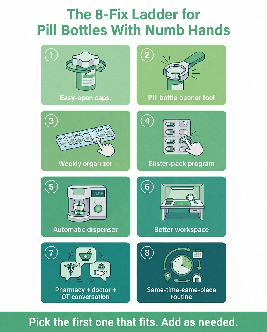 Eight-step infographic ladder of fixes for opening pill bottles and managing medications with neuropathy
