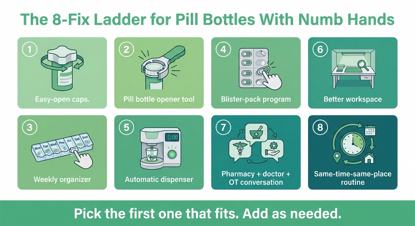Eight-step infographic ladder of fixes for opening pill bottles and managing medications with neuropathy