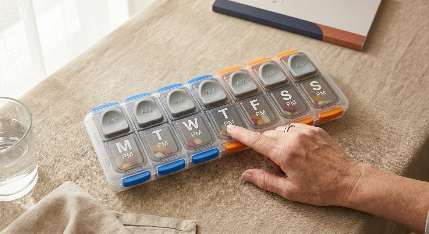 Hand closing the lid of a large-compartment weekly pill organizer with easy-grip flip-up tabs — designed for reduced hand function