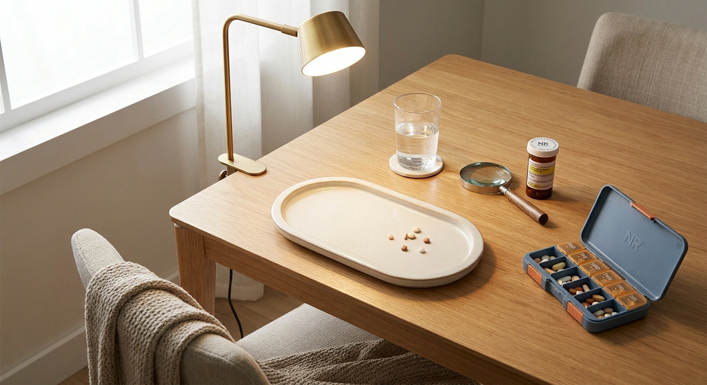 Kitchen-table medication workspace with tray catching pills, task lamp, water glass, magnifier, and open weekly pill organizer