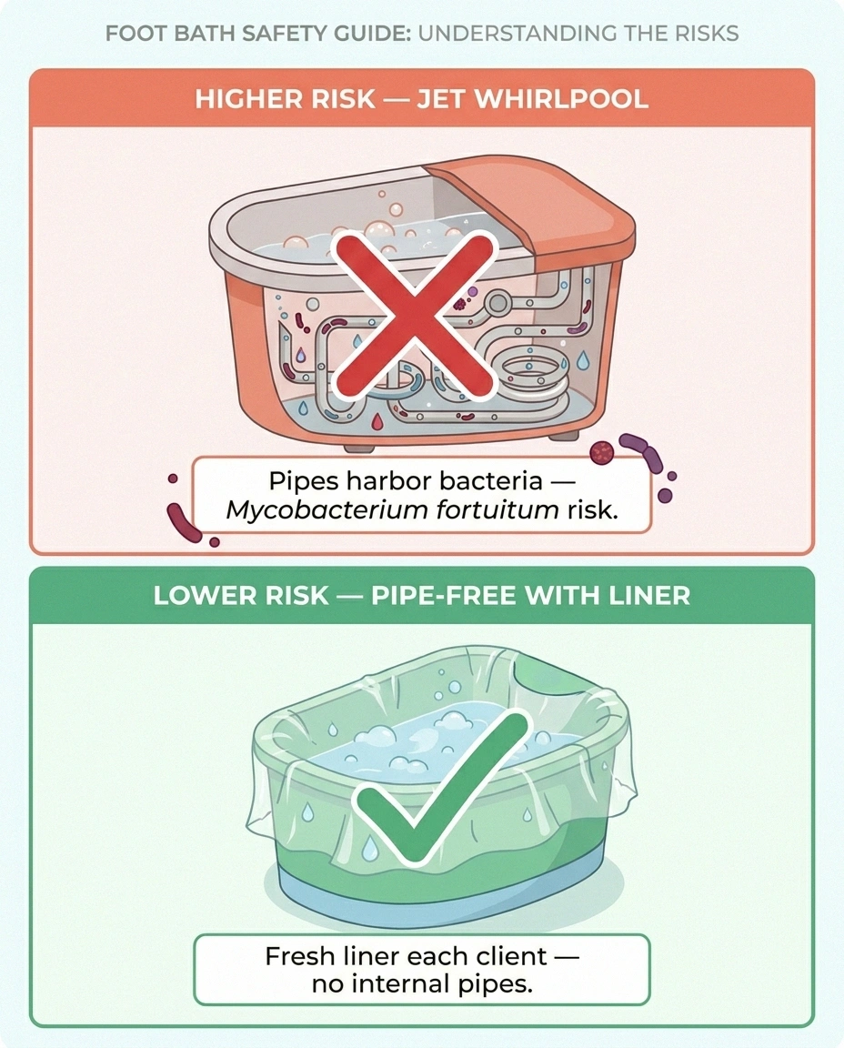 Side-by-side comparison of pedicure foot baths showing a higher-risk jet whirlpool with bacteria-harboring internal pipes versus a lower-risk pipe-free basin with a disposable plastic liner.