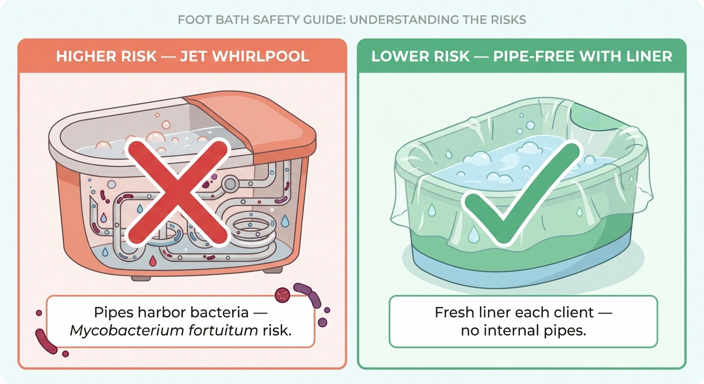 Side-by-side comparison of pedicure foot baths showing a higher-risk jet whirlpool with bacteria-harboring internal pipes versus a lower-risk pipe-free basin with a disposable plastic liner.