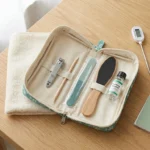 A bring-your-own zippered pedicure kit with stainless-steel clipper, wood cuticle pusher, fresh emery board, foot file, alcohol bottle, kitchen thermometer, and diabetic-safe moisturizer — the safety setup for pedicures with neuropathy.