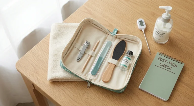 A bring-your-own zippered pedicure kit with stainless-steel clipper, wood cuticle pusher, fresh emery board, foot file, alcohol bottle, kitchen thermometer, and diabetic-safe moisturizer — the safety setup for pedicures with neuropathy.