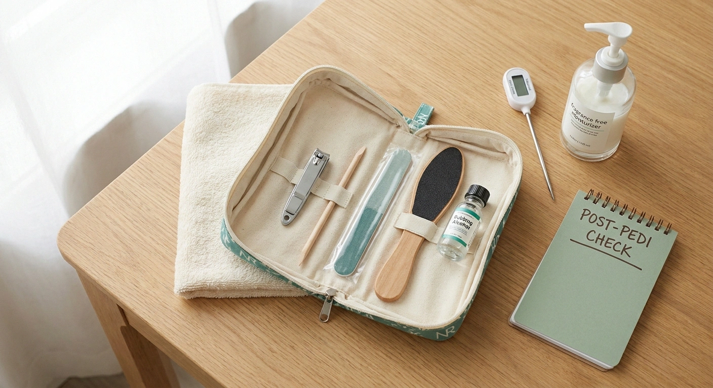 A bring-your-own zippered pedicure kit with stainless-steel clipper, wood cuticle pusher, fresh emery board, foot file, alcohol bottle, kitchen thermometer, and diabetic-safe moisturizer — the safety setup for pedicures with neuropathy.