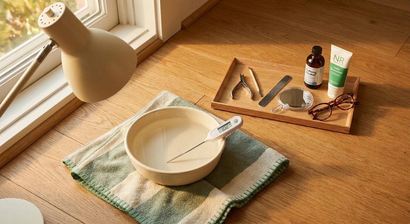 A home pedicure setup with shallow water basin, kitchen thermometer, straight-cut clippers, wood cuticle pusher, magnifying mirror, desk lamp, alcohol bottle, moisturizer, and reading glasses — the controlled at-home alternative to a salon visit with neuropathy.