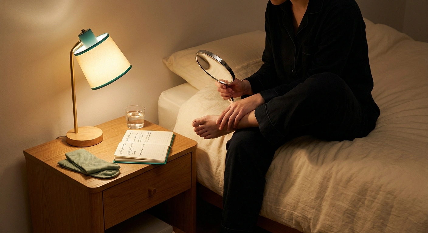 A person inspecting their foot under bedside lamp light with a handheld magnifying mirror and a notebook showing day-1 and day-2 post-pedicure check entries — the inspection habit that catches small problems early.