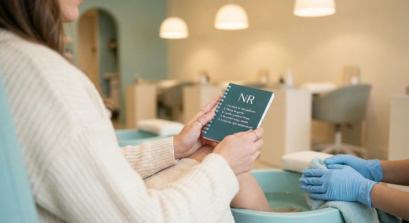 A client in a pedicure chair holding a small notebook listing safety requests, with the technician's gloved hands attentive at the foot rest — illustrating the calm, prepared conversation at the start of a pedicure with neuropathy.