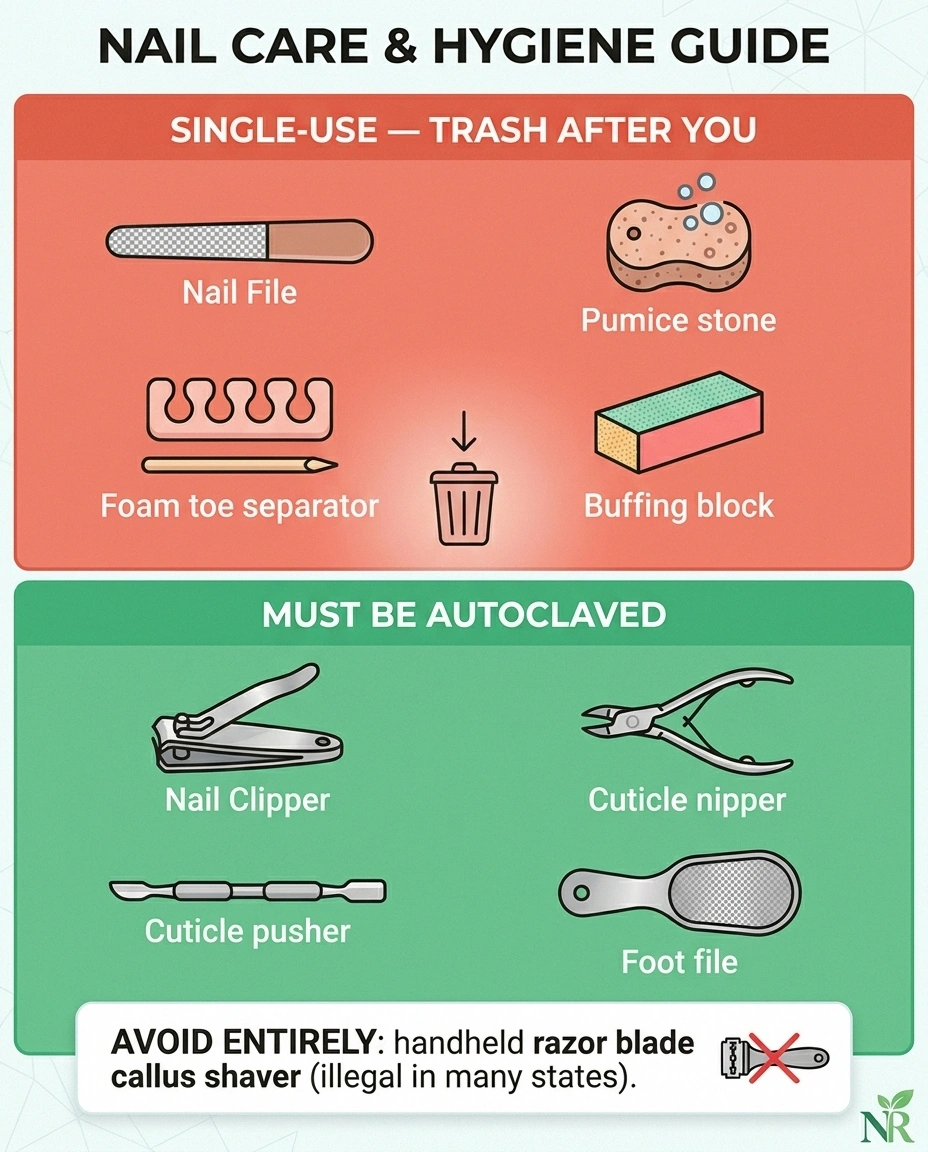Two-column infographic showing single-use pedicure tools (nail file, pumice, toe separator, wood pusher, buffing block) versus autoclave-required metal tools (clipper, nippers, pusher, foot file), with razor callus shavers flagged as avoid entirely.