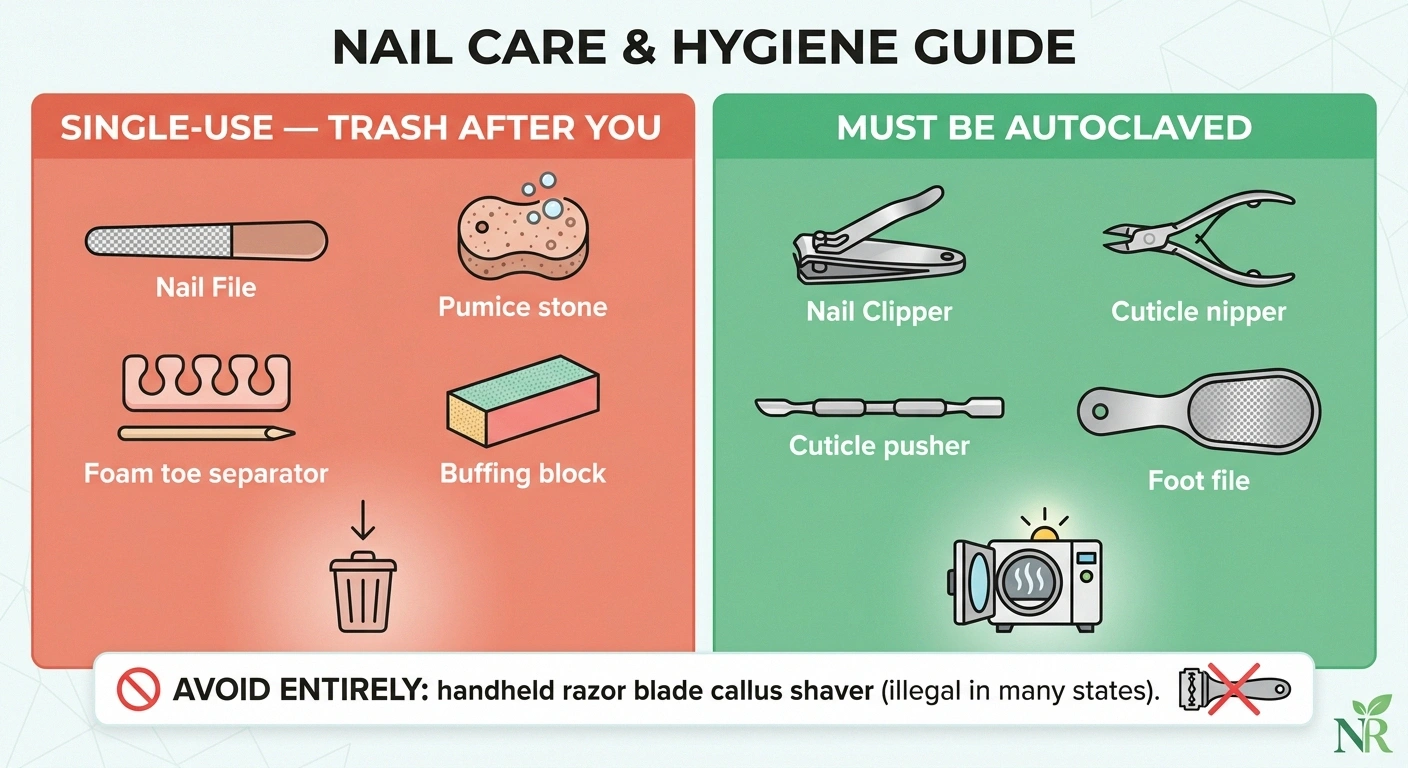 Two-column infographic showing single-use pedicure tools (nail file, pumice, toe separator, wood pusher, buffing block) versus autoclave-required metal tools (clipper, nippers, pusher, foot file), with razor callus shavers flagged as avoid entirely.