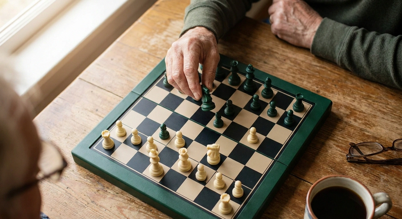 Overhead view of a magnetic chess board mid-game with an older adult's hand placing a knight piece