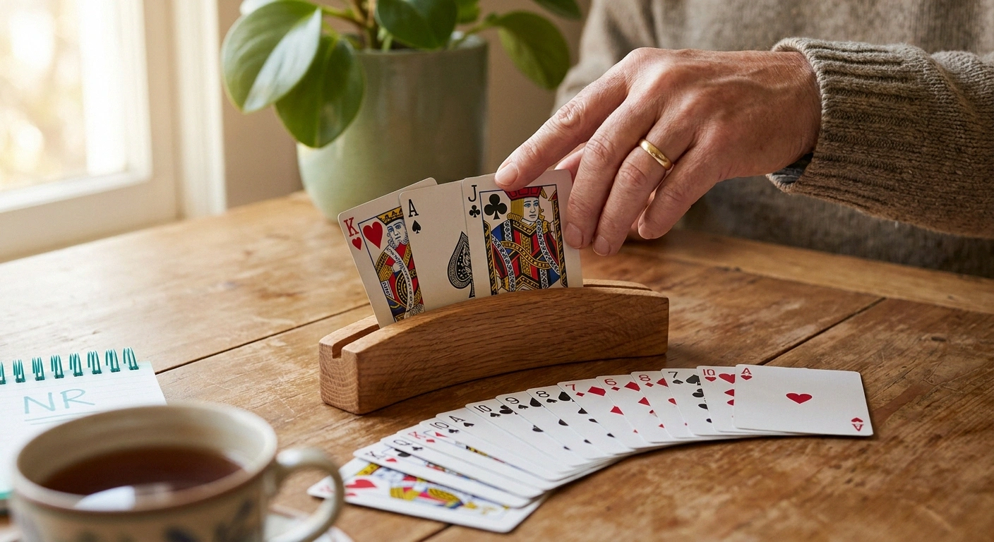 Close-up of a wooden standing card holder holding a fanned hand of 13 cards with an older adult's hand selecting one