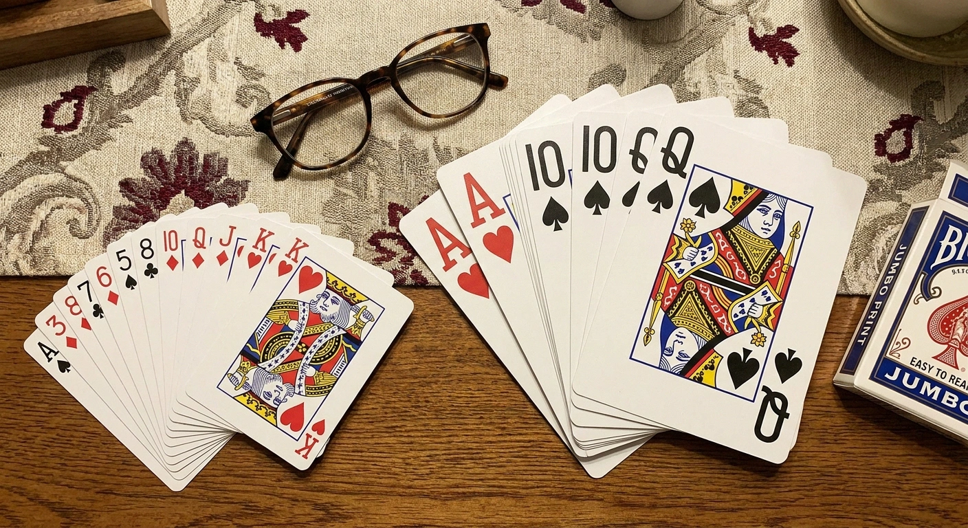 Overhead comparison of a standard playing card deck and a jumbo playing card deck side by side with reading glasses