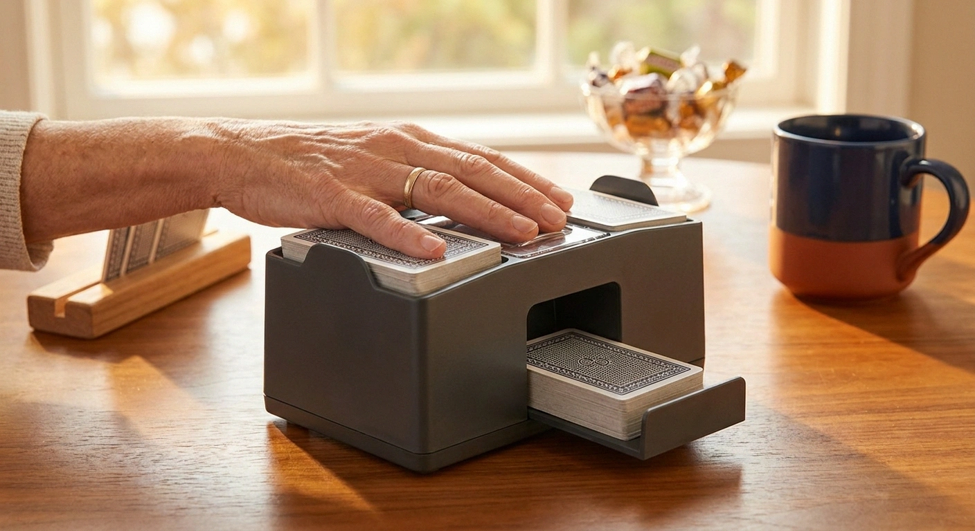 Battery-powered automatic card shuffler mid-shuffle on a kitchen table with two card decks visible