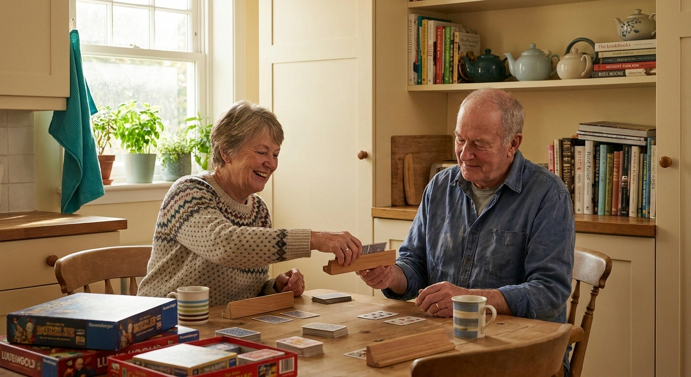 Two older adults at a kitchen table during a card game with one passing a card holder across to the other in a friendly gesture