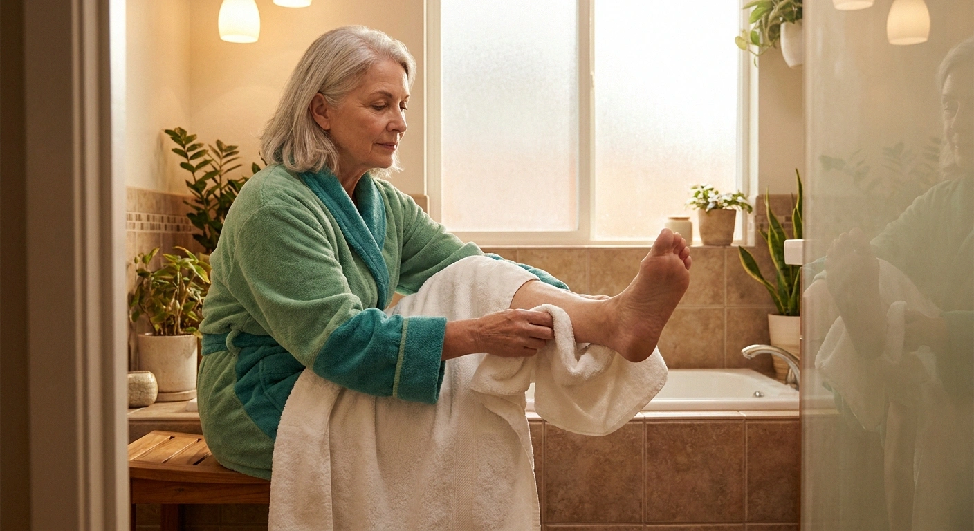 Woman seated drying and inspecting her foot after a shower, wrapped in a robe