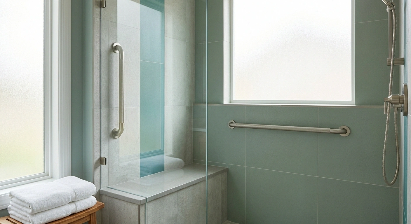 Walk-in shower with properly installed vertical and horizontal grab bars in a calm modern bathroom