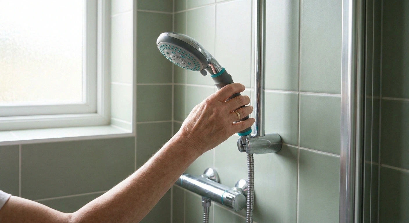 Older adult's hand reaching for a handheld showerhead on a vertical slide-bar mount