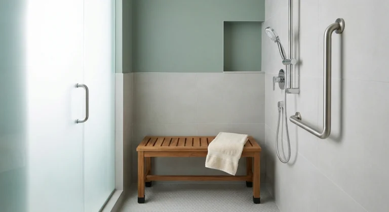 Modern walk-in shower with a non-slip shower bench, handheld showerhead on a slide bar, and properly installed grab bar