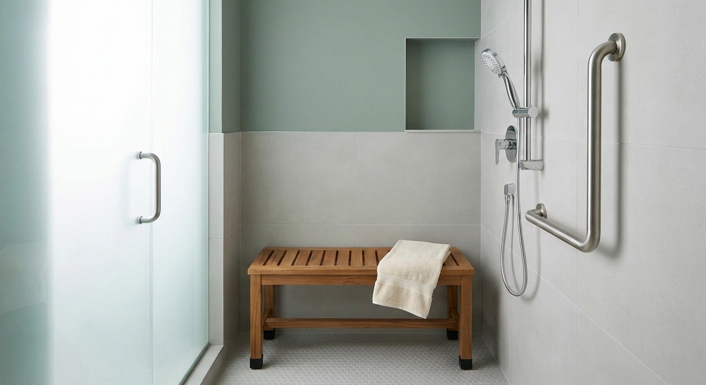 Modern walk-in shower with a non-slip shower bench, handheld showerhead on a slide bar, and properly installed grab bar