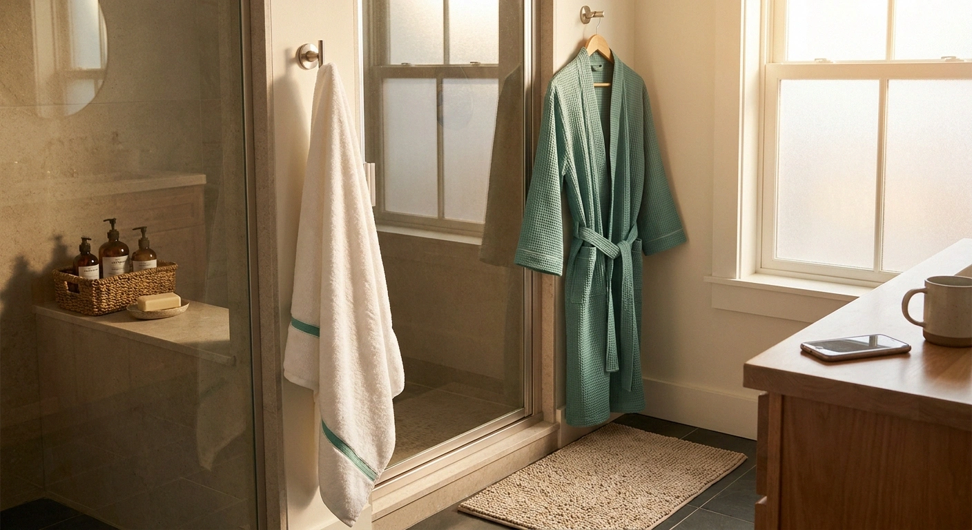 Bathroom prepared for a safe shower with towel, robe, toiletries basket, bath mat, and phone in reach