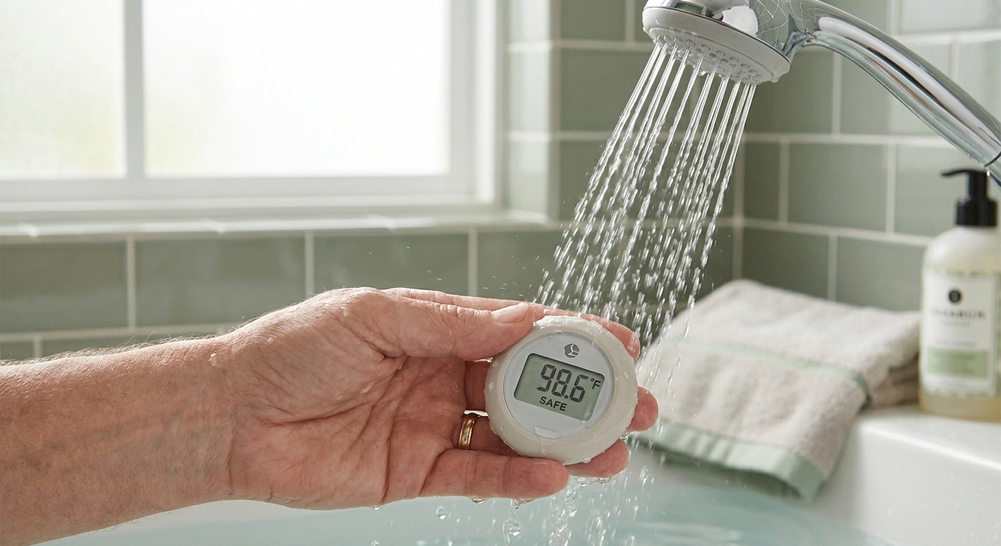 Hand holding a floating bath thermometer under shower water to verify temperature