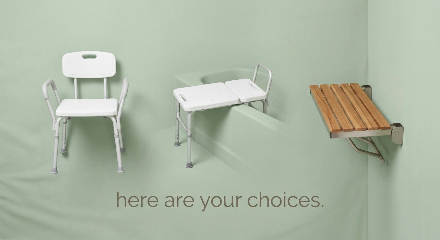 Three types of shower benches shown side by side — standard shower chair, tub transfer bench, and folding wall-mounted bench
