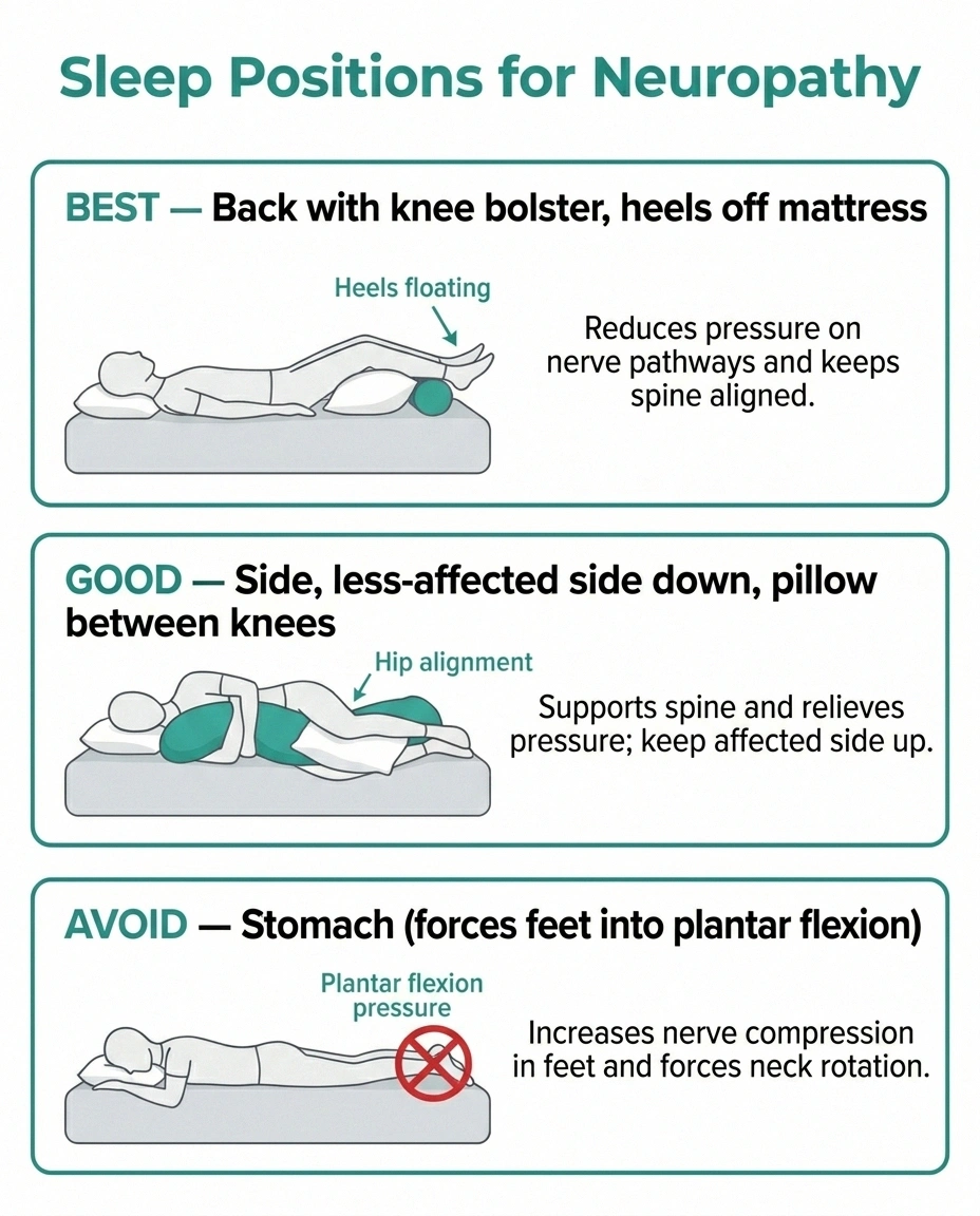 Three-panel infographic showing the best, good, and avoid sleep positions for neuropathy.