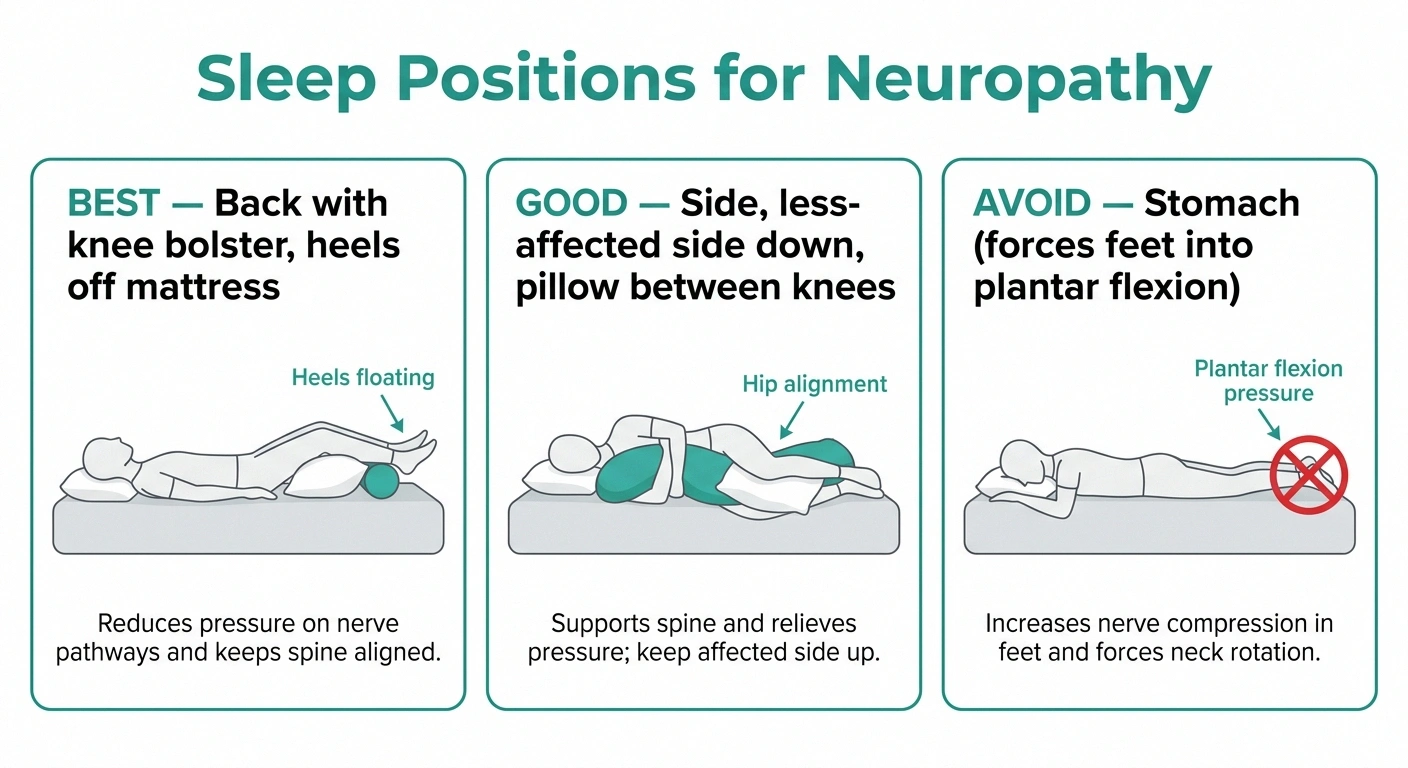 Three-panel infographic showing the best, good, and avoid sleep positions for neuropathy.