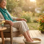 Woman in her 60s sitting on a porch in summer with her feet in a shallow basin of cool water beside a glass of water and a small oscillating fan.