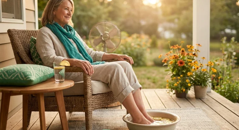 Woman in her 60s sitting on a porch in summer with her feet in a shallow basin of cool water beside a glass of water and a small oscillating fan.