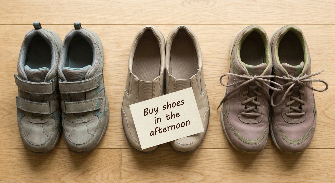 Three pairs of adjustable supportive shoes with a note reading
