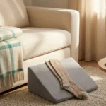 A foot-elevation wedge pillow, folded compression socks, water glass, and a symptom-check notebook on a comfortable couch — anchoring the practical home routine for neuropathy-related swelling.