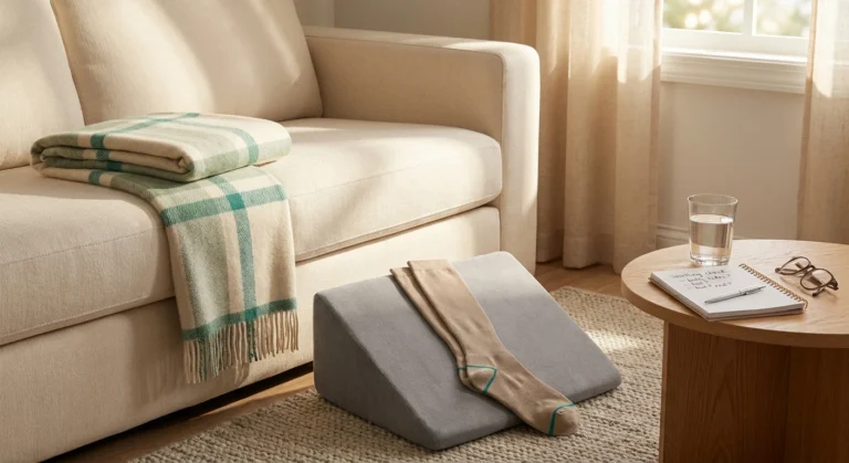 A foot-elevation wedge pillow, folded compression socks, water glass, and a symptom-check notebook on a comfortable couch — anchoring the practical home routine for neuropathy-related swelling.